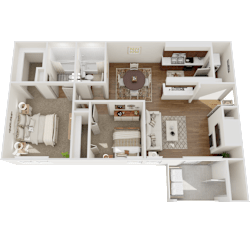 A detailed 3D floor plan of a modern apartment layout.