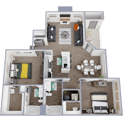 A 3D rendered image of a house layout with multiple rooms.
