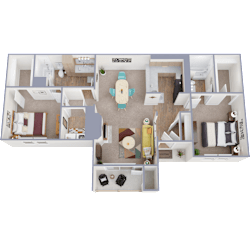 A 3D floor plan of a house with a kitchen, living room, and two bedrooms.