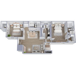 A 3D floor plan of a house with two bedrooms, a living room, a kitchen, and a bathroom.