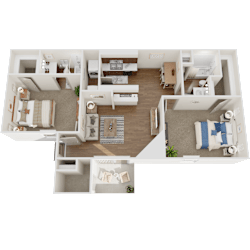 A 3D floor plan of a house with multiple rooms and furniture.