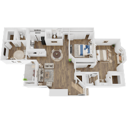 A 3D floor plan of a house with a kitchen, living room, and bedrooms.