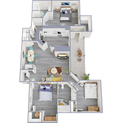 A 3D floor plan of a house with two bedrooms, a living room, a kitchen, and a bathroom.