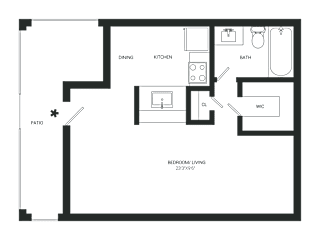 A black and white floor plan of a home with a patio.