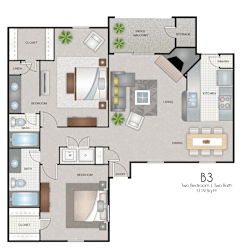 A floor plan of a B3 sized room with a kitchen, living room, dining room, and two bedrooms.