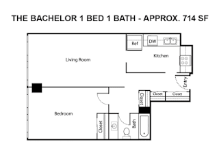 A floor plan of a Bachelor 1 Bed 1 Bath apartment.