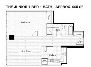 A floor plan of a junior one bedroom apartment with a bathroom and living room.