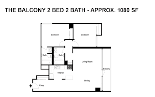 A floor plan of a two bedroom, two bathroom apartment.