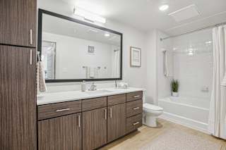 A bathroom with a white toilet, a sink, and a bathtub at ThreeTwenty at the Vybe Apartments, Kyle, TX, 78640