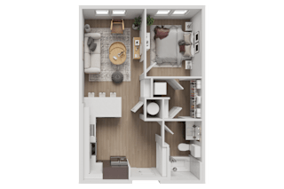 A 3D floor plan of a small apartment with a kitchen, living room, and bathroom.
