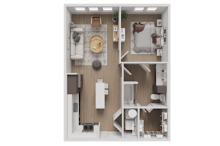 A top-down view of a small, neatly organized apartment with a kitchen, living room, and bedroom.