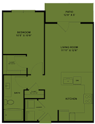 One bedroom floor plan with patio and laundry at Cantarra Apartments, Manor, TX 78653
