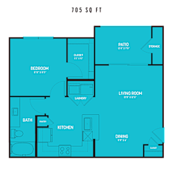 One bedroom floor plan with patio and storage 3 at High Point Preserve Apartments, Austin, Texas