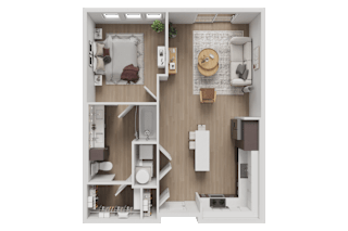A detailed 3D floor plan of a modern apartment.