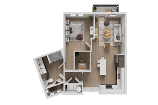 A 3D floor plan of a house with a kitchen, living room, and two bedrooms.