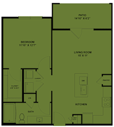 One bedroom floor plan with patio at Cantarra Apartments, Manor, 78653