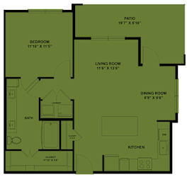 One bedroom floor plan with patio and laundry 1 at Cantarra Apartments, Manor, Texas