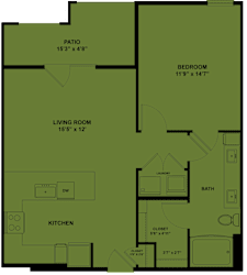 One bedroom one bath apartment floor plan at Cantarra Apartments, Manor