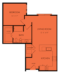 One bedroom apartment layout with balcony access at Bridge at Windsor Park Apartments, Austin, Texas
