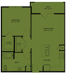 One bedroom apartment floor plan with patio at Cantarra Apartments, Texas