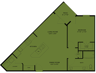 One bedroom floor plan with dining room and patio at Cantarra Apartments, Manor, TX 78653