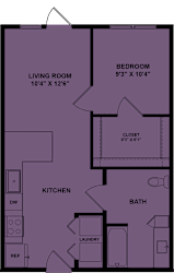 A purple floor plan of a house with a living room, kitchen, bathroom, bedroom and laundry.