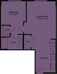 A purple and green floor plan of a house with a bedroom, living room, bathroom, laundry, kitchen, and closet.
