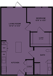 A purple floor plan of a house with a living room, kitchen, bath, and bedroom.
