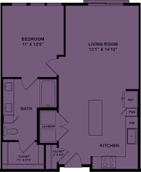 A purple floor plan of a house with a bedroom, living room, bathroom, laundry, kitchen, and closet.