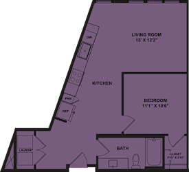 A floor plan of a small apartment with a living room, kitchen, bedroom, bathroom, and laundry area.