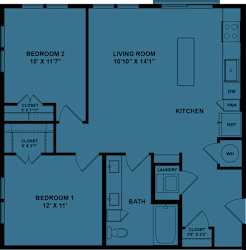 A blueprint of a house layout with labeled rooms and dimensions.