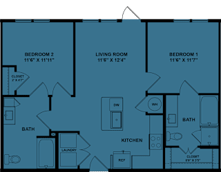 A blueprint of a house layout with three bedrooms, a living room, a kitchen, a bath, and a laundry area.