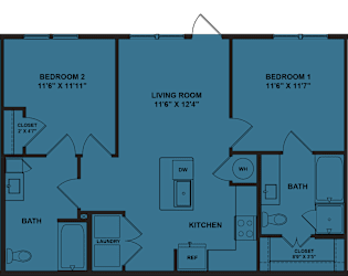 A blueprint of a house layout with three bedrooms, a living room, a kitchen, a bath, and a laundry area.