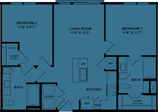 A floor plan of a house with three bedrooms and a laundry room.