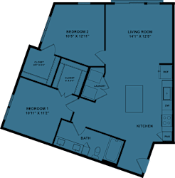 A floor plan of a house with two bedrooms, a living room, a kitchen, a bathroom, and a laundry area.