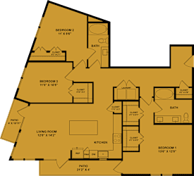 A floor plan of a house with four bedrooms, a living room, a kitchen, a bath, and two patios.