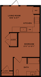 A floor plan of a small apartment with a living room, kitchen, bedroom, bathroom, and laundry space.