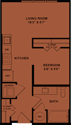 A floor plan of a small apartment with a living room, kitchen, bedroom, bathroom, and laundry area.
