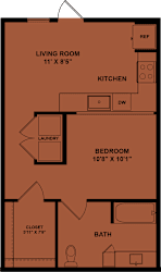 A floor plan of a small apartment with a living room, kitchen, bedroom, bathroom, and laundry space.