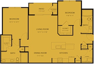 A yellow floor plan of a house with a living room, two bedrooms, a dining room, a kitchen, a pantry, two bathrooms, and a laundry area.