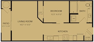 A floor plan of a small apartment with a living room, kitchen, bedroom, bathroom, and patio.