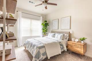 a bedroom with a large bed and a ceiling fan at Avery Ranch, Austin, Texas