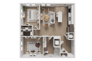 A detailed 3D floor plan of a small apartment layout.