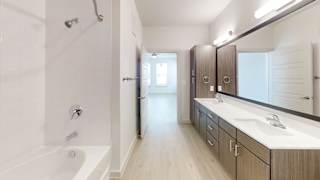 A white bathroom with a tub, sink, and mirror. at ThreeTwenty at the Vybe Apartments, Kyle, TX, 78640
