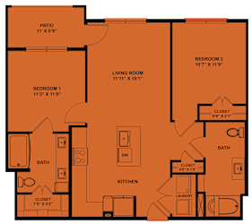 Two bedroom two bath apartment floor plan at Cantarra Apartments, Manor, 78653