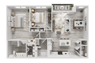 3D floor plan with two bedrooms and open living at Cantarra Apartments, Texas