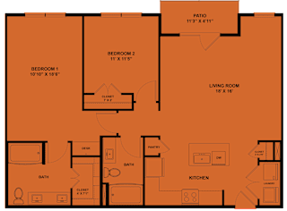 Two bedroom apartment floor plan with dual bathrooms at Cantarra Apartments, Texas, 78653