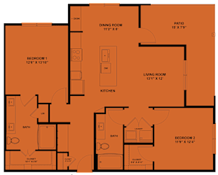 Two bedroom apartment floor plan with patio and laundry at Cantarra Apartments, Manor, TX 78653
