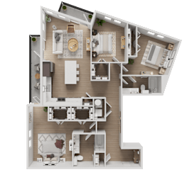 A detailed 3D floor plan of a house showing all rooms and their layouts.