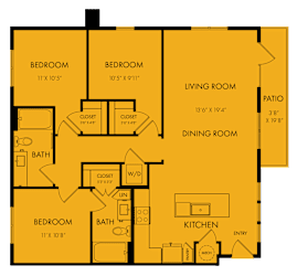 Three bedroom two bath apartment floor plan at Bridge at Windsor Park Apartments, Texas, 78723